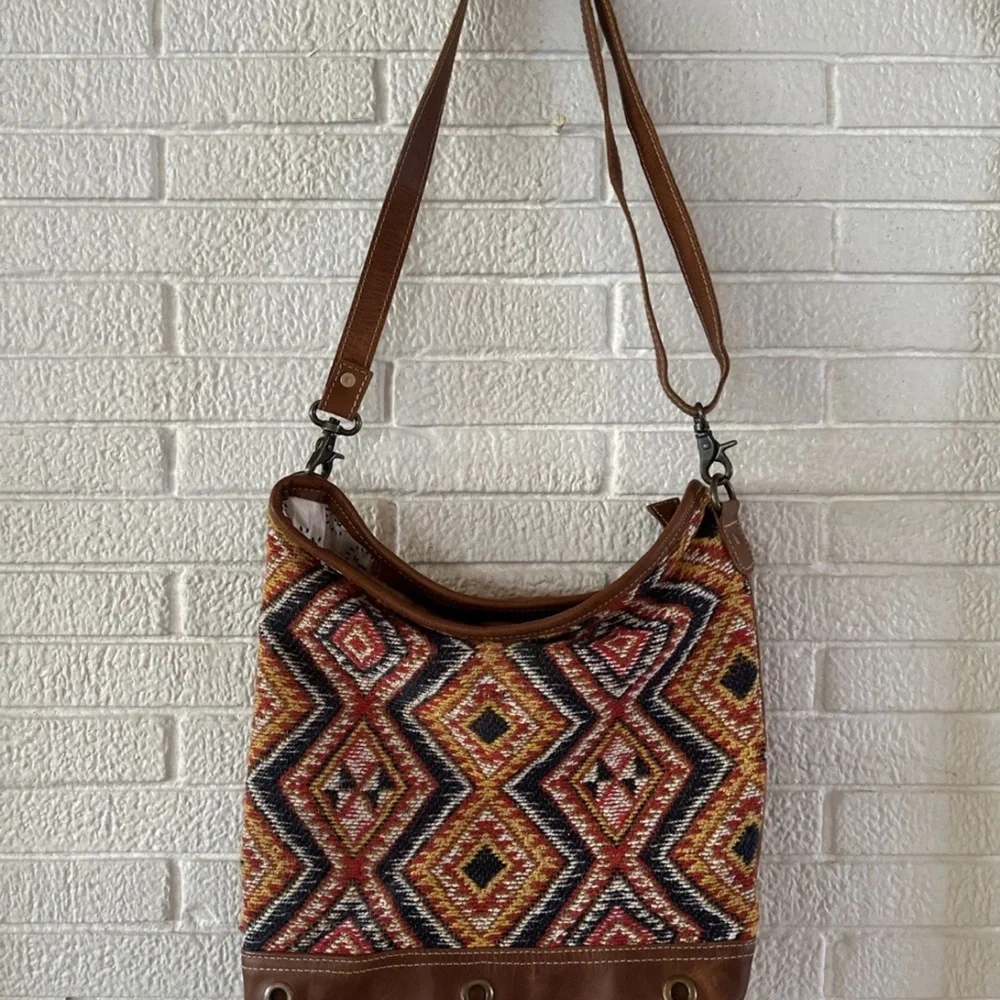 Myra Bag Multicolor Woven Crossbody with Brown Leather Trim